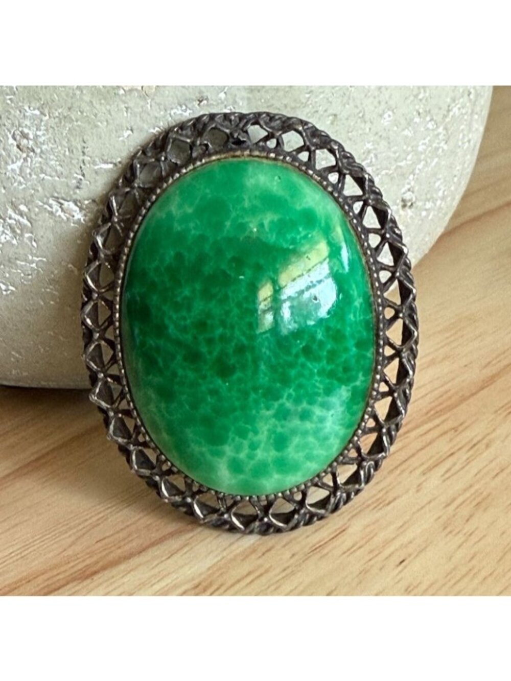 Vintage Czech Peking Glass Brooch/Pendant Silver Filigree Oval 2" Cabochon